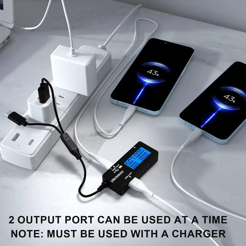 Variable Backlight USB Tester With LCD Display And USB C And USB A Multimeter connected to phones and charger