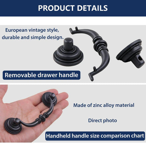 Antique Black Drawer Pulls 6 Pack Vintage Dresser Handles With Drop Bail Pulls 3.5 Inch Hole Center Zinc Alloy close-up in hand