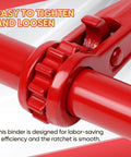 Close-up of red 5/16-3/8 inch ratchet load binder showing gear mechanism for heavy-duty tie down, marked 'Easy to Tighten and Loosen'.