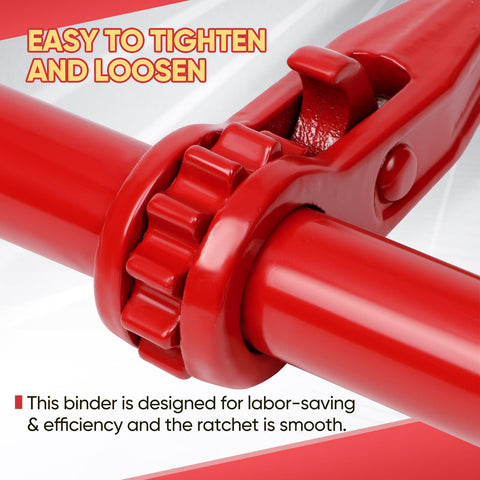 Close-up of red 5/16-3/8 inch ratchet load binder showing gear mechanism for heavy-duty tie down, marked 'Easy to Tighten and Loosen'.
