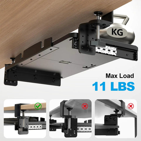 Under Desk Keyboard Tray With 60 Degree Swivel Clamp And Height Adjustment For Corner Desks, 11 lb load capacity illustration