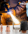IPT65 Plasma Cutter Consumables Kit With Pro Grade Electrodes Nozzles Swirl Ring Shield Cap And Standoff Guide shown with sparks