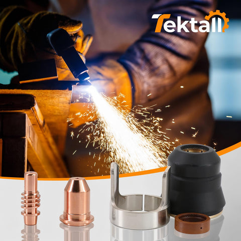IPT65 Plasma Cutter Consumables Kit With Pro Grade Electrodes Nozzles Swirl Ring Shield Cap And Standoff Guide shown with sparks