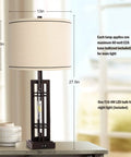 Tall Farmhouse End Table Lamps With Built In Outlets And USB Ports, Rustic Industrial Style Lighting For Living Room Or Bedroom, Beige Finish Nightstand Lamps with lamp measurements and bulb details visible