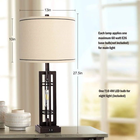 Tall Farmhouse End Table Lamps With Built In Outlets And USB Ports, Rustic Industrial Style Lighting For Living Room Or Bedroom, Beige Finish Nightstand Lamps with lamp measurements and bulb details visible