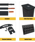 Image showing a scabbard, black litter box cover, custom emblems, and a switch panel.