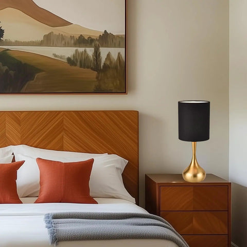 Modern Table Lamp With Brass Droplet Base And Black Linen Drum Shade Perfect For Bedroom Nightstand Living Room Or Office