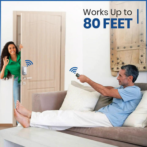 Man using Smart Remote Door Lock Upgrade For Existing Deadbolt With 30 Second Tool Free Install, Automatic Keyless Entry, Conversion Kit And Two Wireless Remotes, Supports 80 Foot Range For Easy No Fuss Home Security