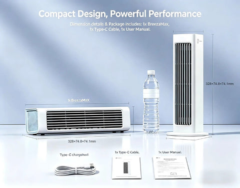2-In-1 Bladeless Portable Fan And Air Cooler For Home And Office, Rechargeable Desktop Tower With Dual-Mode shown with accessories