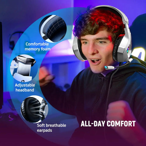 7.1 Surround Sound Gaming Headset With Noise Canceling Microphone For PC PS4 PS5 Xbox Switch And Mobile White Over Ear Headphones With LED Lights shown on a user highlighting comfort features