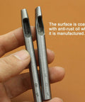 Close-up of two carbon steel punches from the 9 Size Oval Leather Hole Punch Set, showing anti-rust coating.