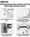 LUXLUCIO Hardwired 9" Round Backlit White Modern Indoor LED Wall Sconce, showcasing metal body and LED driver details.