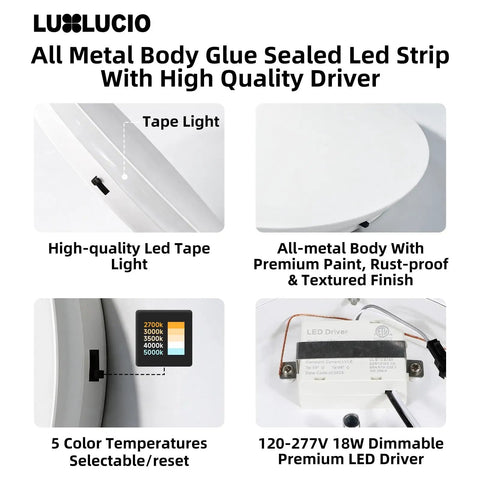LUXLUCIO Hardwired 9" Round Backlit White Modern Indoor LED Wall Sconce, showcasing metal body and LED driver details.