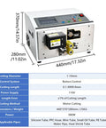 Sciolix Automatic Heat Shrink Tube Cutter Machine With Digital Length Setting And Precision Cutting Head For Stable Consistency From Zero To Nine Thousand Nine Hundred Ninety Nine Point Nine Millimeters One Hundred Ten Volt Power Supply showing dimension details.