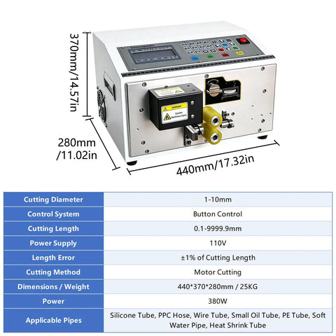 Sciolix Automatic Heat Shrink Tube Cutter Machine With Digital Length Setting And Precision Cutting Head For Stable Consistency From Zero To Nine Thousand Nine Hundred Ninety Nine Point Nine Millimeters One Hundred Ten Volt Power Supply showing dimension details.