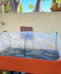 Mini Greenhouse Tunnel For Outdoors with PVC cover on a raised bed, backyard garden setup