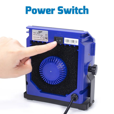 Double Filtration Fume Extractor For Soldering With Helping Hands showing power switch operation.