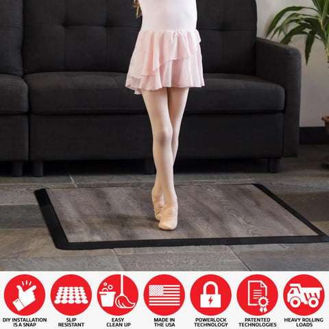 Young dancer stands on interlocking mat with beveled border for RaceDeck tiles, suitable for GarageTrac systems, DIY installation.