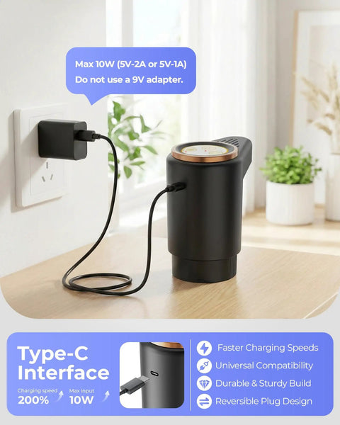Portable Electric Water Jug Dispenser With USB C Charging Dual Motors For 2 To 5 Gallon Jugs Fast Flow Ideal For Home Office Camping And RV Use Dark Black shown charging on a table with USB-C cable.