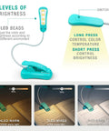 Rechargeable Book Light For Reading In Bed With 3 Color Temperatures And 3 Brightness Levels, blue clip-on lamp with settings.