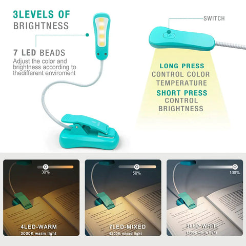 Rechargeable Book Light For Reading In Bed With 3 Color Temperatures And 3 Brightness Levels, blue clip-on lamp with settings.