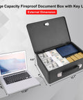 Open fireproof document box with key lock displaying passports, cash, gold bars; size 12.7 x 8.7 x 4.6 inches; carry handle visible.