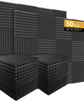 50 Pack Dope Acoustic Foam Panels For Studio Walls, Soundproof, Sound Absorbing Wedges, 12x12 inches, 1 inch thick, in black.