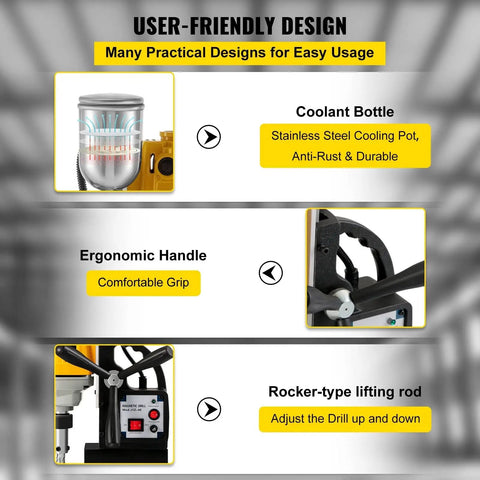 Magnetic Drill Press 40mm For Steel 1100W Copper Motor with user-friendly features like coolant bottle and ergonomic handle.
