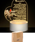 Heart Shaped Memorial Night Light With Clear Crystal Acrylic Base LED Remembrance Sign For Loss Of A Loved One, Cardinal Bird