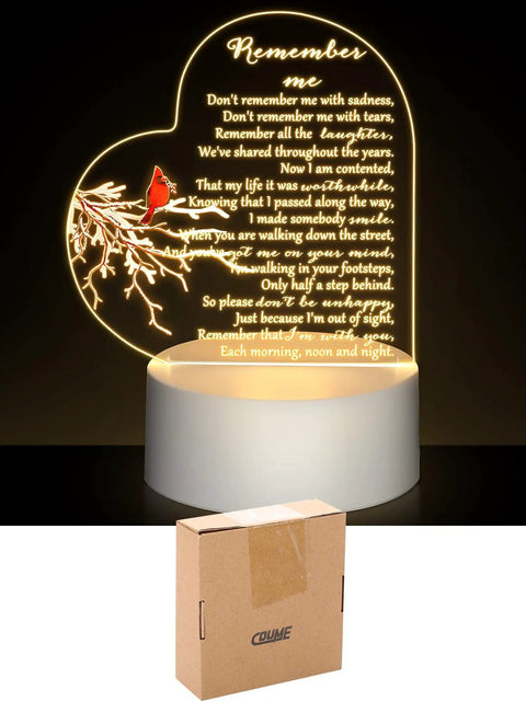 Heart Shaped Memorial Night Light With Clear Crystal Acrylic Base LED Remembrance Sign For Loss Of A Loved One, Cardinal Bird