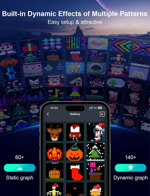 Mobile app displaying gallery of pixelated holiday-themed patterns for Smart Curtain String Lights With Color Changing LEDs.
