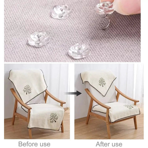 Fifty Piece Upholstery Twist Pins Featuring Slick Clear Rose Heads And Compact Storage Box, securing couch cover on chair.