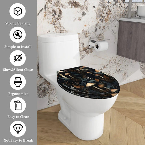 Elongated Toilet Seat Resin Bathroom with floral design, fitting a white toilet, easy to clean and install.