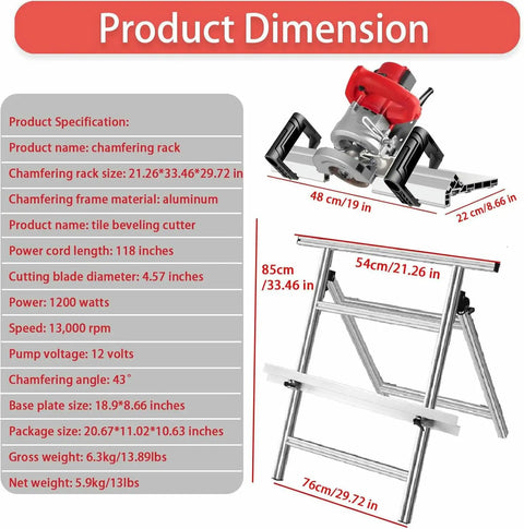 Product dimensions for Heavy Duty Electric Tile Bevel Cutter With 43 Degree Chamfer Angle Rock Solid Aluminum Base Powerful 1200W Motor.