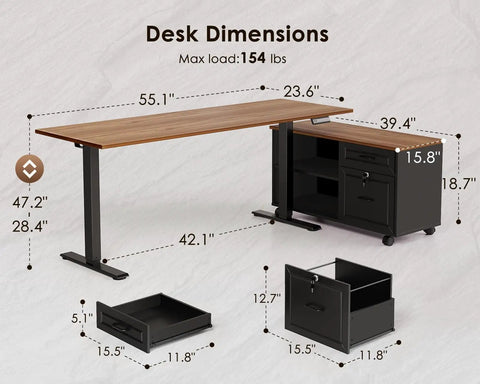 55 Inch L Shaped Electric Standing Desk With Drawers And File Cabinet Sets For Home Office dimensions and components