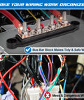 Heavy Duty 12V Bus Bar Power Distribution Block 250A with four M8 studs for organized automotive wiring.