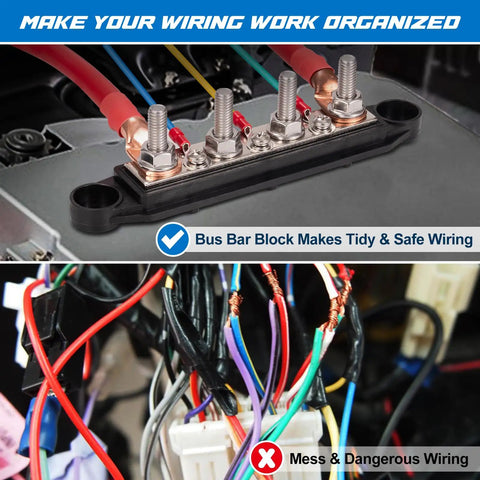 Heavy Duty 12V Bus Bar Power Distribution Block 250A with four M8 studs for organized automotive wiring.
