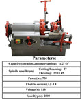 Heavy Duty One Hundred Ten Volt Electric Pipe Threading Machine And Half Inch To Three Inch Threader Kit with red handles.