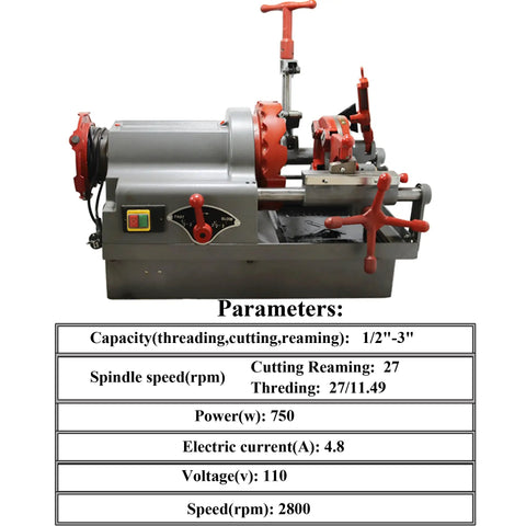 Heavy Duty One Hundred Ten Volt Electric Pipe Threading Machine And Half Inch To Three Inch Threader Kit with red handles.