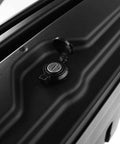 Close-up of lock on Ultimate Top Tier Heavy Duty Rear Toolbox Rack For Ford Ranger 2019 To 2021 Matte Black truck bed storage.