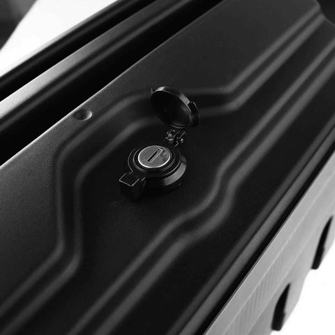 Close-up of lock on Ultimate Top Tier Heavy Duty Rear Toolbox Rack For Ford Ranger 2019 To 2021 Matte Black truck bed storage.