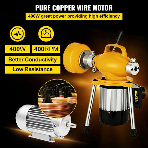 Badass Heavy Duty 400W Electric Drain Snake With 6 Foot Manganese Steel Spring Coiled Pipe Auger for kitchen sink, showing copper motor.
