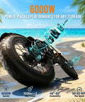 2026 Romeo Pro 3 Adult Electric Ebike With Dope Styling And Dual Motors That Kick 6000 Watts Of Raw Power Through A Heavy Duty Frame Loaded With 60 Volt 80 Ah Cells Sending You 250 Miles Smooth As Butter On Deep Blue Full Suspension Fat Tires on a beach path with palm trees.