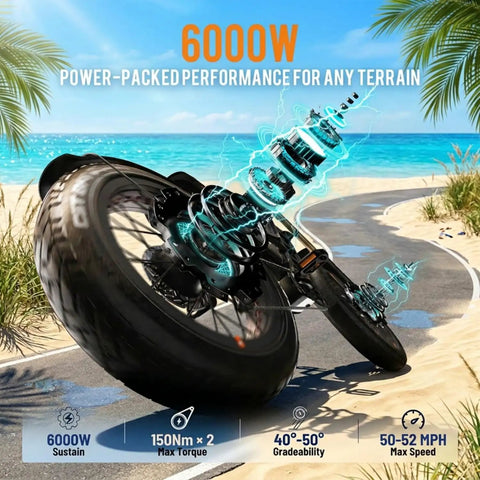 2026 Romeo Pro 3 Adult Electric Ebike With Dope Styling And Dual Motors That Kick 6000 Watts Of Raw Power Through A Heavy Duty Frame Loaded With 60 Volt 80 Ah Cells Sending You 250 Miles Smooth As Butter On Deep Blue Full Suspension Fat Tires on a beach path with palm trees.