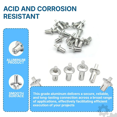 60 Piece Hammer Drive Rivets Aluminum Core Set With Round Head Blind Rivets M5 7mm 9mm 11mm For Wood Metal DIY Projects Corrosion Resistant Expanding Fasteners shown with corrosion resistance feature.