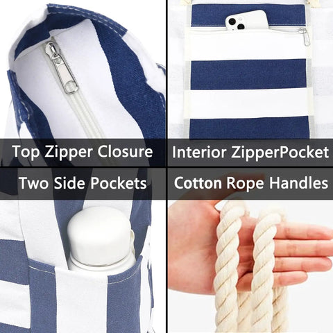 Waterproof Sandproof Large Canvas Beach Tote for Women with Zippered Wet Pocket, leakproof compartment, showing zipper and pockets