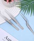 Pro Grade Garden Tweezers Set Of 3 Stainless Steel Plant Tweezers With Straight And Curved Tips, Dope Precision Bonsai Tools For Indoor Outdoor Gardening, Kitchen And More, 6.22In, 6.33In, 6.4In stainless steel tweezers set on blue surface