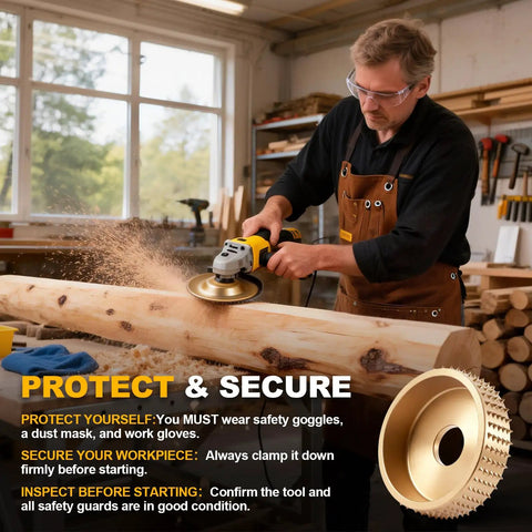 Man using Five Piece Wood Carving Disc Set For 4 Inch And 4 And A Half Inch Angle Grinders With Five Eighth Inch Adapters on wood