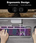 Level Up Your Rig With This Dope Gaming Keyboard And Mouse Combo Featuring Glowing Led Lights Splashproof Design Anti Ghosting Tech And A Snappy 2000 Dpi Optical Mouse Built For Serious PC Gamers - Top view of RGB keyboard with ergonomic design