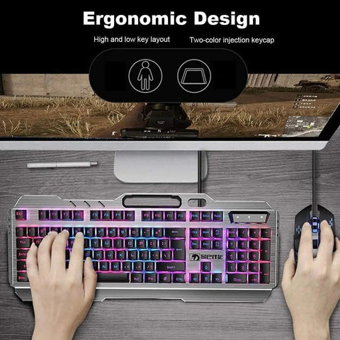 Level Up Your Rig With This Dope Gaming Keyboard And Mouse Combo Featuring Glowing Led Lights Splashproof Design Anti Ghosting Tech And A Snappy 2000 Dpi Optical Mouse Built For Serious PC Gamers - Top view of RGB keyboard with ergonomic design